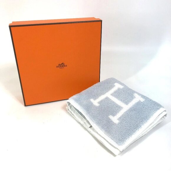 HERMES H logo Avalon Hand towel towel cotton Blue x White Unused - Picture 1 of 7